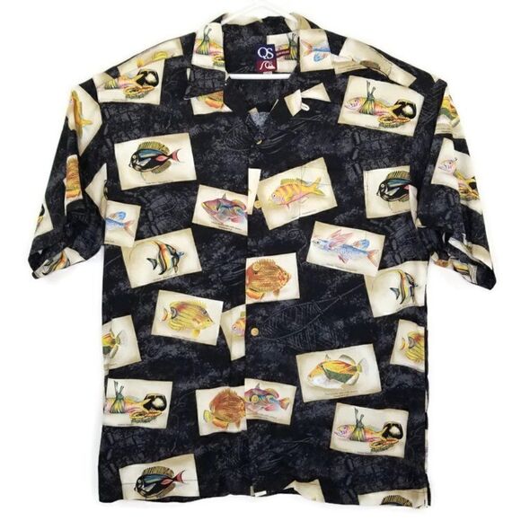 Quiksilver Qs Mens Xl Hawaiian Fish Rayon Button Up S/s Camp Shirt Made In Usa - Picture 1 of 12